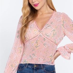 Active USA Womens Pink Floral V-Neck Blouse